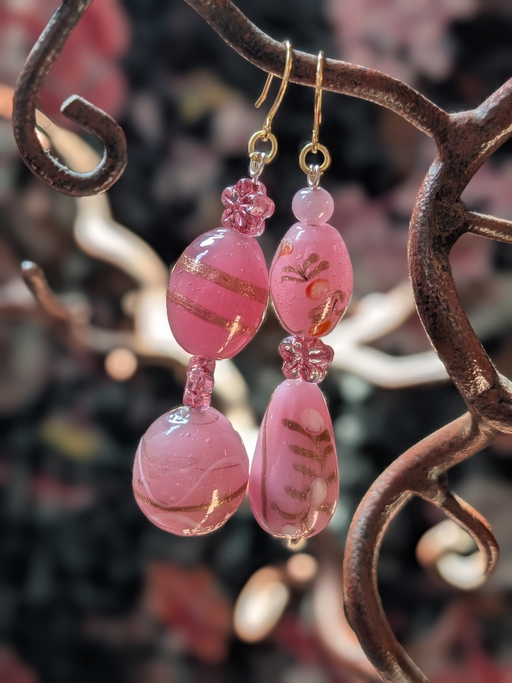 Pink and Gold Glass Bead Drop Earrings Handmade